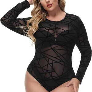 Hanna Nikole Women's Plus Size Bodysuit Sheer Long Sleeve  Black 16 Plus